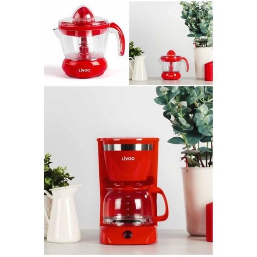 Pack Déjeuner - Livoo - Cafetière Programmable Inox Rouge 1.25L 800W + Presse-Agrumes Electrique Rouge 700ml