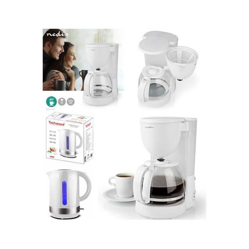 PACK DEJEUNER Bouilloire électrique Blanche 1L7 2200W + Cafetière Machine à café Electrique Blanche 1.25L 750W