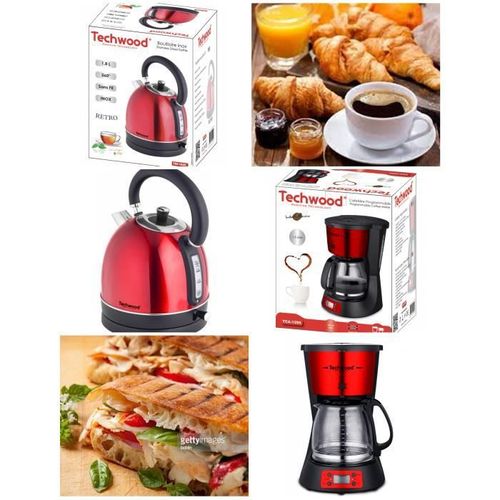 Pack Bouilloire 1L8 2200W Inox Rouge + Cafetière INOX Programmable 1l5 Rouge 1000W