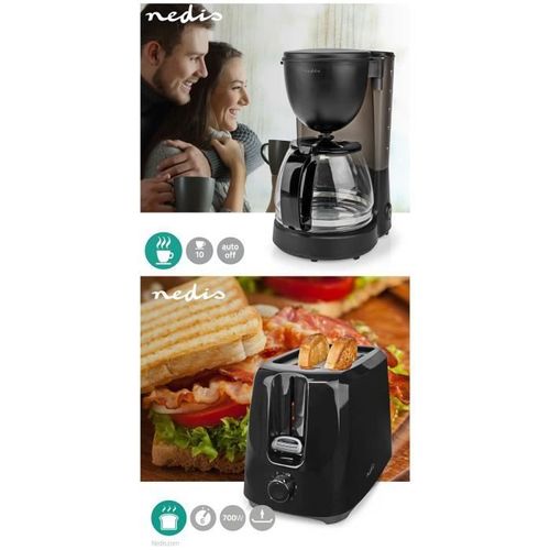 PACK DEJEUNER Cafetière Machine à café Electrique Noire 1.25L 750W + Grille-pain Noir 2 Fentes 700W pas cher
