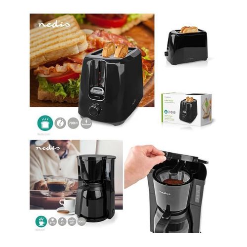 PACK DEJEUNER Cafetière Machine à café Electrique Isotherme NOIRE 1.5L 900W + Grille-pain NOIR 2 Fentes 700W pas cher