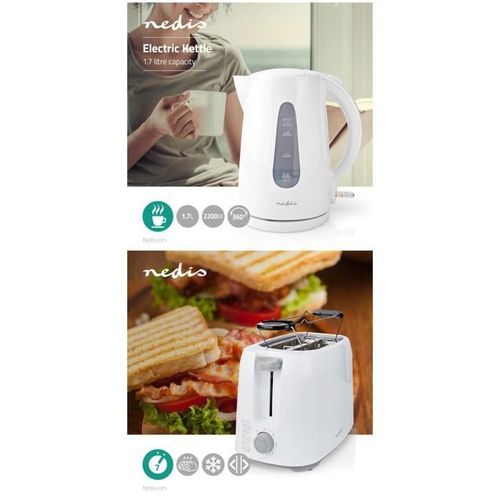Bouilloire électrique sans fil 1,7L + Grille-pain 2 fentes Blanc 3 fonctions - NEDIS