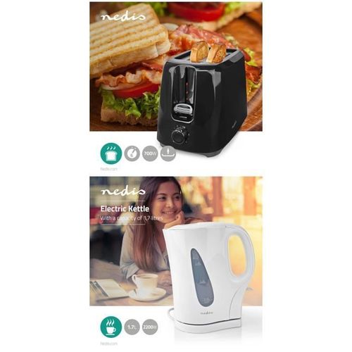 PACK Bouilloire électrique Blanche sans fil 1,7L + Grille-pain 2 fentes Noir 3 fonctions avec témoins LED
