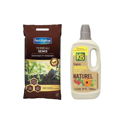 Pack jardinage - Terreau semis FERTILIGÈNE - 6L - Engrais naturel toutes plantes, légumes et fruits KB - 1L