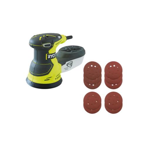 Pack RYOBI Ponceuse excentrique électrique ROS300 - 300W - 125mm - 10 Disques abrasifs - 125mm - Grain 100, 120, 240, 320