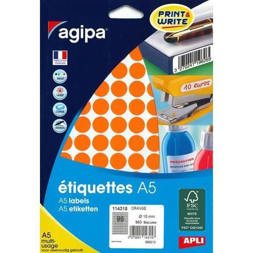 Apli-Agipa - Adhésif Permanent - Orange - Arrondi 15 Mm 960 Étiquette(S) (10 Feuille(S) X 96 Étiquettes