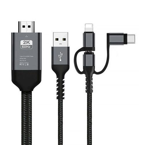 Câble Micro USB Type C vers HDMI de 2M convertisseur HDTV adaptateur AV numérique 1080P pour iPhone iPad mini HDMI - Type gray