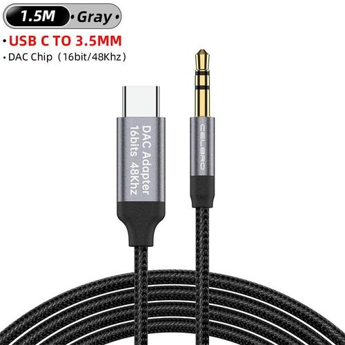 Adaptateur Usb C femelle vers mâle 0.5 MM câble Aux Jack 1.5mm 3.5 m/1m/3.5 m pour voiture Xiaomi Samsung Oneplus HTC - Type 1.5M