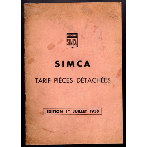 Simca : Tarif Pieces Detachees 1958