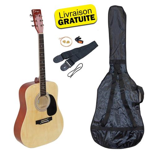 Kit Guitare Acoustique Johnny Brook Jb300 Couleur Naturel Avec Sacoche, La Sangle, Le Médiator Et Les Cordes