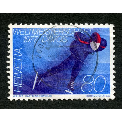 Timbre Oblitéré Helvetia, Weltmeistershaft, 1977, Davos, 80, Walter Haettenschweiler, Courvoisier