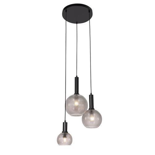 Qazqa Design Design Hanglamp Zwart Met Smoke Glas 3-Lichts - Chico Verre /Acier Noir,Transparent Rond / Luminaire / Lumiere / Éclairage / Intérieur / Salon / Cuisine E27 Max. 3 X 40 Watt