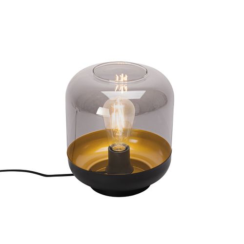 Qazqa Design Design Tafellamp Zwart Met Goud En Smoke Glas - Kyan Verre /Acier Gris,Noir,Doré/Laiton Rond / Luminaire / Lumiere / Éclairage / Intérieur / Salon E27 Max. 1 X 40 Watt