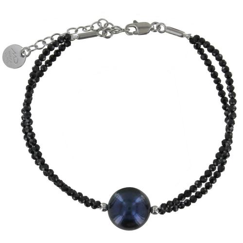 Bracelet Argent Rhodié Perle De Culture Gris Noire 11mm Et Double Spinelle