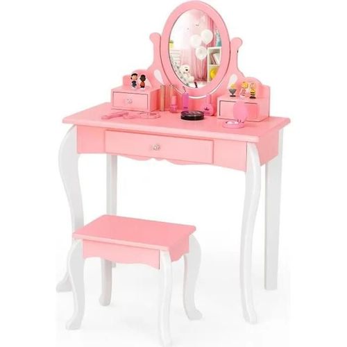 Costway Coiffeuse Avec Tabouret Pour Enfants De Style Princesse Avec Miroir Pivotant À 360° Amovible Et 3 Tiroirs Rose Et Blanc