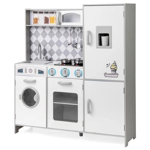 Cuisine Enfant Costway-Pour 3+ Ans-Espace De Rangement-Jouet En Bois-Effets Sonores Et Lumières-Accessoires Inclus-91 X 30 X 102 Cm