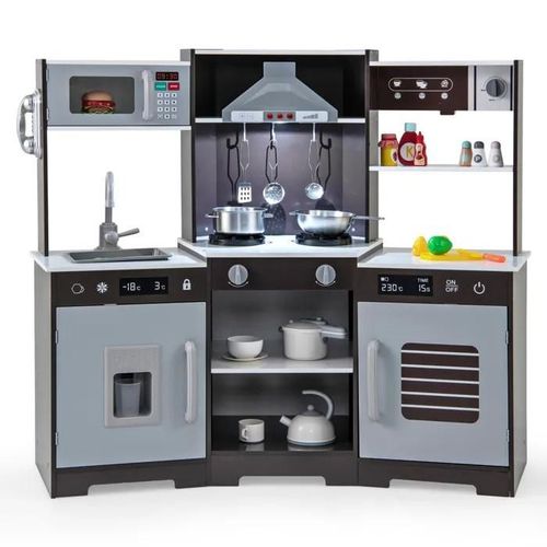 Cuisine Enfant De 3+ Ans Costway-Jouets En Bois-Sons Et Lumières-Espace De Rangement-Accessoires Inclus-110 X 43 X 92 Cm-Marron