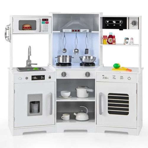 Cuisine Enfant De 3+ Ans Costway-Jouets En Bois-Sons Et Lumières-Espace De Rangement-Accessoires Inclus-110 X 43 X 92 Cm-Blanc
