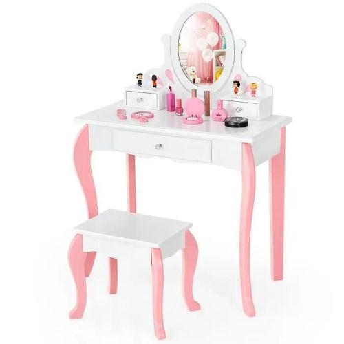 Costway Coiffeuse Avec Tabouret Pour Enfants De Style Princesse Avec Miroir Amovible Pivotant À 360° Et 3 Tiroirs Blanc