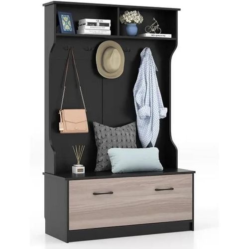 Costway Meuble D'entrée Avec Porte Manteaux, Armoire À Chaussures, Banc Et 2 Compartiments De Rangement 100 X 40 X 160 Cm Noir