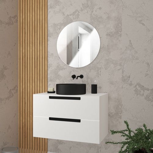Meuble Salle De Bains 80 Cm Blanc - 2 Tiroirs - Vasque Noire Ø36 Cm Et Miroir Rond - Jazz