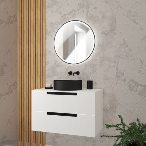 Meuble Salle De Bains 80 Cm Blanc - 2 Tiroirs - Vasque Noire Ø36 Cm Et Miroir Rond Black Led - Jazz