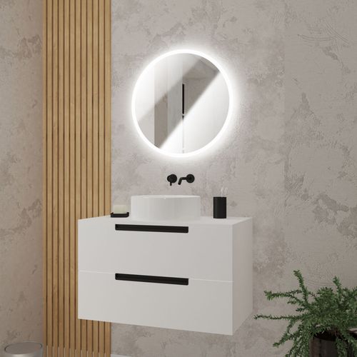 Meuble Salle De Bains 80 Cm Blanc - 2 Tiroirs - Vasque Blanche Ø36 Cm Et Miroir Rond À Led - Jazz