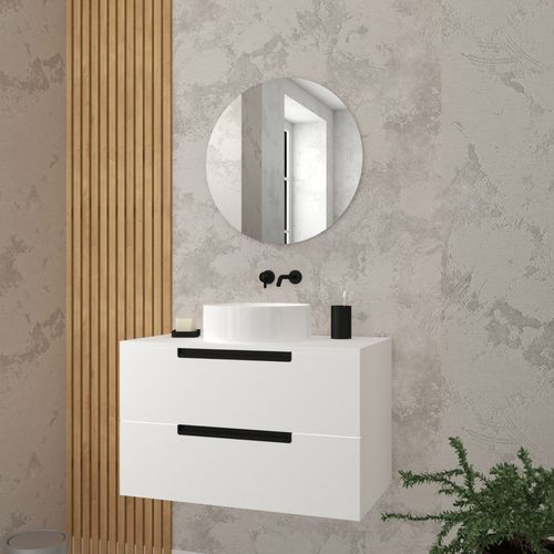 Meuble Salle De Bains 80 Cm Blanc - 2 Tiroirs - Vasque Blanche Ø36 Cm Et Miroir Rond Ø60 Cm - Jazz