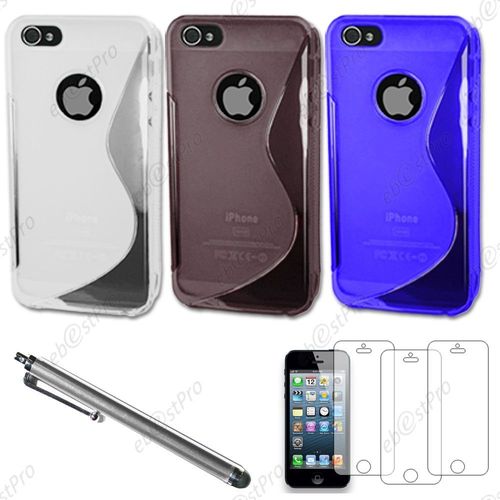 Ebeststar ® Lot X3 Housse Etui Coque Silicone Gel Motif S-Line Protection Souple + Film Protecteur D'écran + Stylet Pour Apple Iphone 5s / 5, Couleur Transparent, Noir, Bleu