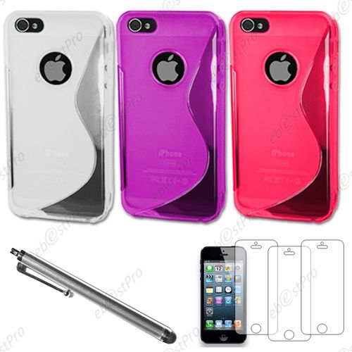 Ebeststar ® Lot X3 Housse Etui Coque Silicone Gel Motif S-Line Protection Souple + Film Protecteur D'écran + Stylet Pour Apple Iphone 5s / 5, Couleur Transparent, Violet, Rose