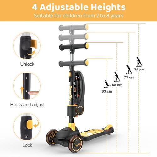 Trottinette 3 en 1 pour enfants avec siège pliable/amovible, 4 hauteurs  réglables pour les tout-petits de 3 à 8 ans, meilleur cadeau pour garçons  et