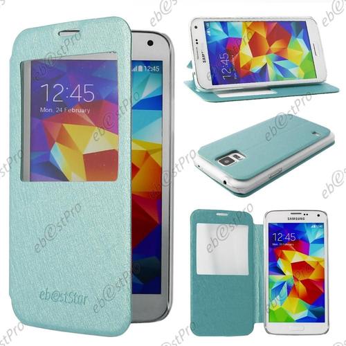 Ebeststar ® - Housse Etui Coque Flip View Cover Portefeuille Bleu Pour Samsung Galaxy S5 G900 Sm-G900f G900h