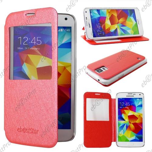 Ebeststar ® Pour Galaxy S5 G900 Sm-G900f Sm-G900h - Coque Etui Flip View Cover Housse Portefeuille Haute Qualité Couleur Rouge + 3 Films Offerts