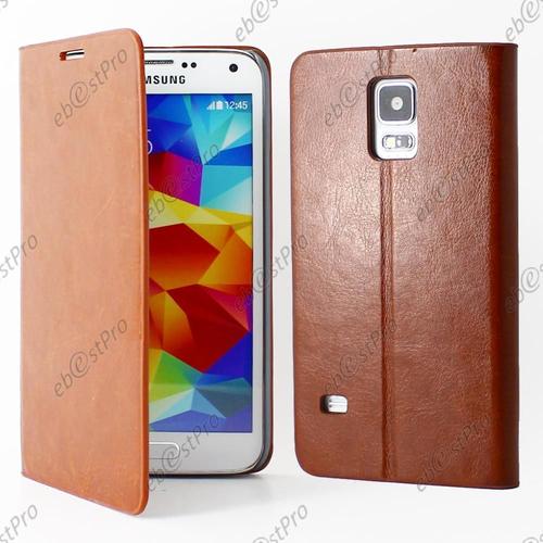 Ebeststar ® - Housse Etui Coque Portefeuille Pu Cuir Marron Pour Samsung Galaxy S5 G900 Sm-G900f G900h + 3 Films Offerts