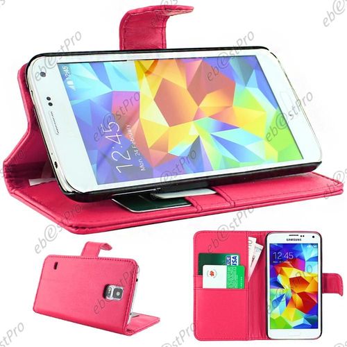 Ebeststar ® - Housse Coque Etui Simi Cuir Portefeuille Couleur Rose Fuchsia Pour Samsung Galaxy S5 G900 / Sm-G900f + 3 Films Offerts