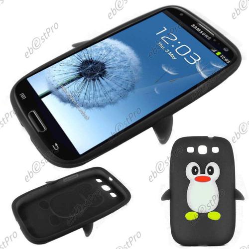 Ebeststar ® Coque Pingouin Silicone Souple Etui Housse Design Fun + Film Protection D'écran Pour Samsung Galaxy S3 I9300 I9305, Couleur Noir