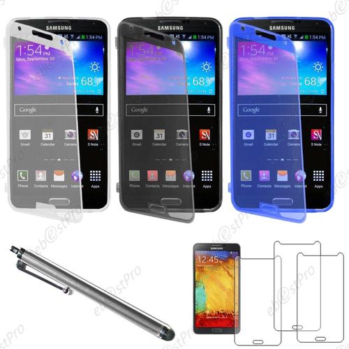 Ebeststar ® Lot X3 Housse Etui Coque Portefeuille Livre Silicone Gel + Film Protection D'écran + Stylet Pour Samsung Galaxy Note 3 Gt-N9000 / N9002 / N9005, Couleur Transparent, Noir, Bleu