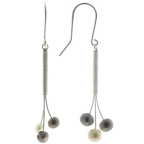 Boucles D'oreilles Argent Rhodié Trois Perles De Culture Gris Et Blanc