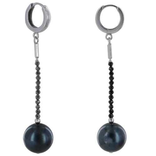 Boucles D'oreilles Argent Rhodié Perle De Culture Gris Noire 11mm Et Spinelle