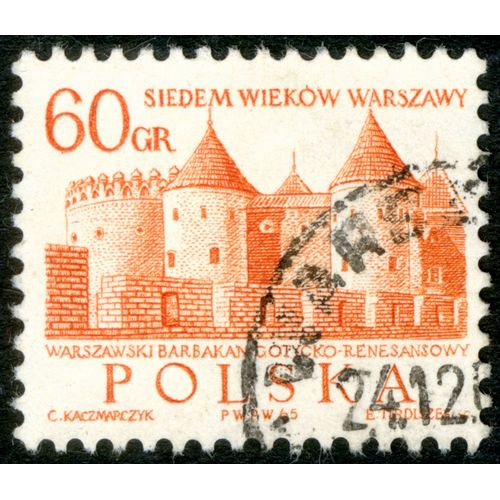 Timbre Oblitéré Polska,Siedem Wiekow Warszawy,Warszawski Barbakan Gotycko-Renesansowy,Kaczmarczyk,1965,Tirdiszek,60 Gr