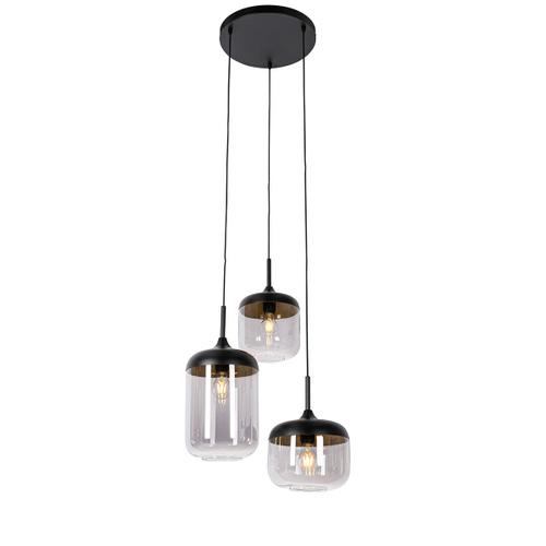 Qazqa Design Hanglamp Zwart Met Goud En Smoke Glas 3-Lichts Rond - Kyan Verre /Acier Gris,Noir,Doré/Laiton Rond / Luminaire / Lumiere / Éclairage / Intérieur / Salon / Cuisine E27 Max. 3 X...