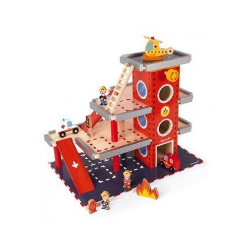 Caserne De Pompiers En Bois 3 Niveaux + 10 Accessoires (Dont 3 Vehicules) - Avec Ascenceur Et Heliport - Univers Garcon 3-8 Ans