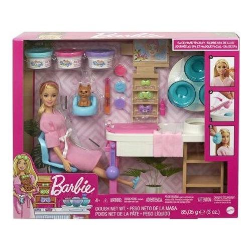 Coffret Journee Bien Etre Au Spa Pour Barbie - Poupee Blonde + Chiot - Salon Beaute Et Soin - Avec Accessoires Et Pate A Modeler
