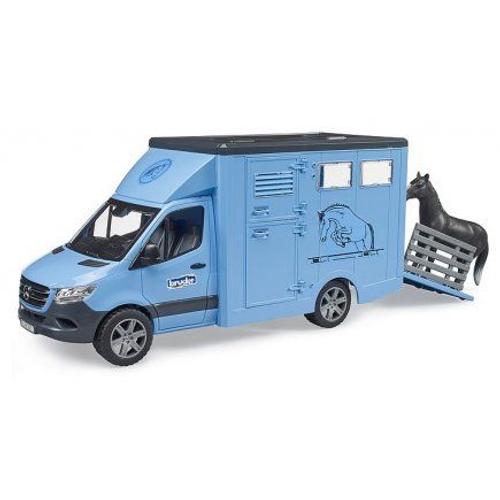 Camion Betaillere Mb Sprinter Bleu + Cheval - Van Chevaux, Transport Animaux - Bruder Vehicule 1:16 - Avec Carte Tigre