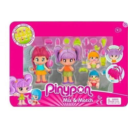 Grand Pack 4 Figurines Pinypon Maman Bebes Enfants + Accessoires - Set Mini Poupee + 1 Carte Offert - Jouet Univers Fille