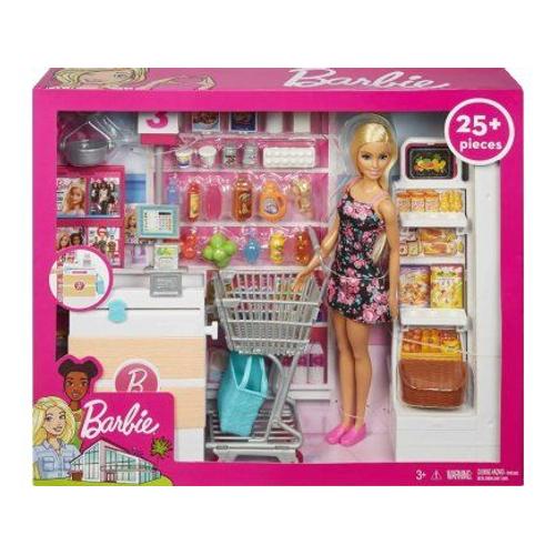 Coffret Barbie Supermarché + Poupées + 25 Accessoires - Poupée Mannequin Shopping - Set 25 Pieces + 1 Carte Tigre