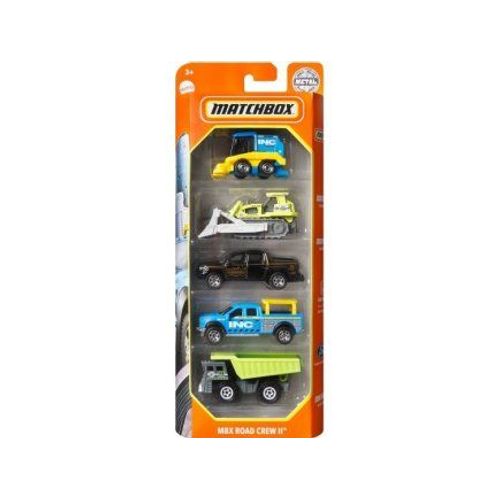 Set 5 Véhicules Matchbox : Mbx Road Crew Ii - Coffret Voitures Miniatures Camion Bulldozer Balayeuse + Carte Offerte - Enfant