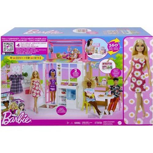 Coffret Barbie la Maison Transportable + 1 Poupée Mannequin + 17  accessoires - Set Jouet Fille + 1 Carte Offerte