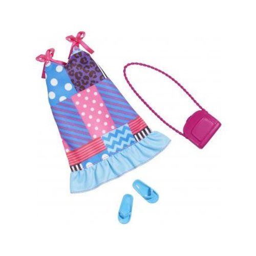 Habit Barbie - Robe Bleue Et Rose Et Sac A Main Et Claquette - Set Vêtement Poupee Et Mini-Poupee Et 1 Carte Offerte
