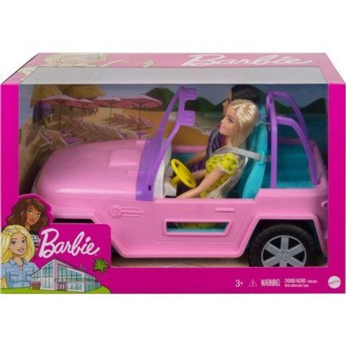 Barbie Buggy Decapotable De Plage Rose + 2 Poupées Mannequin - Voiture Tout Terrain 4x4 - Set Véhiculé Jouet Fille + 1 Carte Offerte